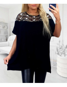 JEMNÁ BAVLNENÁ  ČIERNA VEĽKÁ BLÚZKA -  OVERSIZE - UNI  -   PRE MOLETKY - s čipkoú - kvety